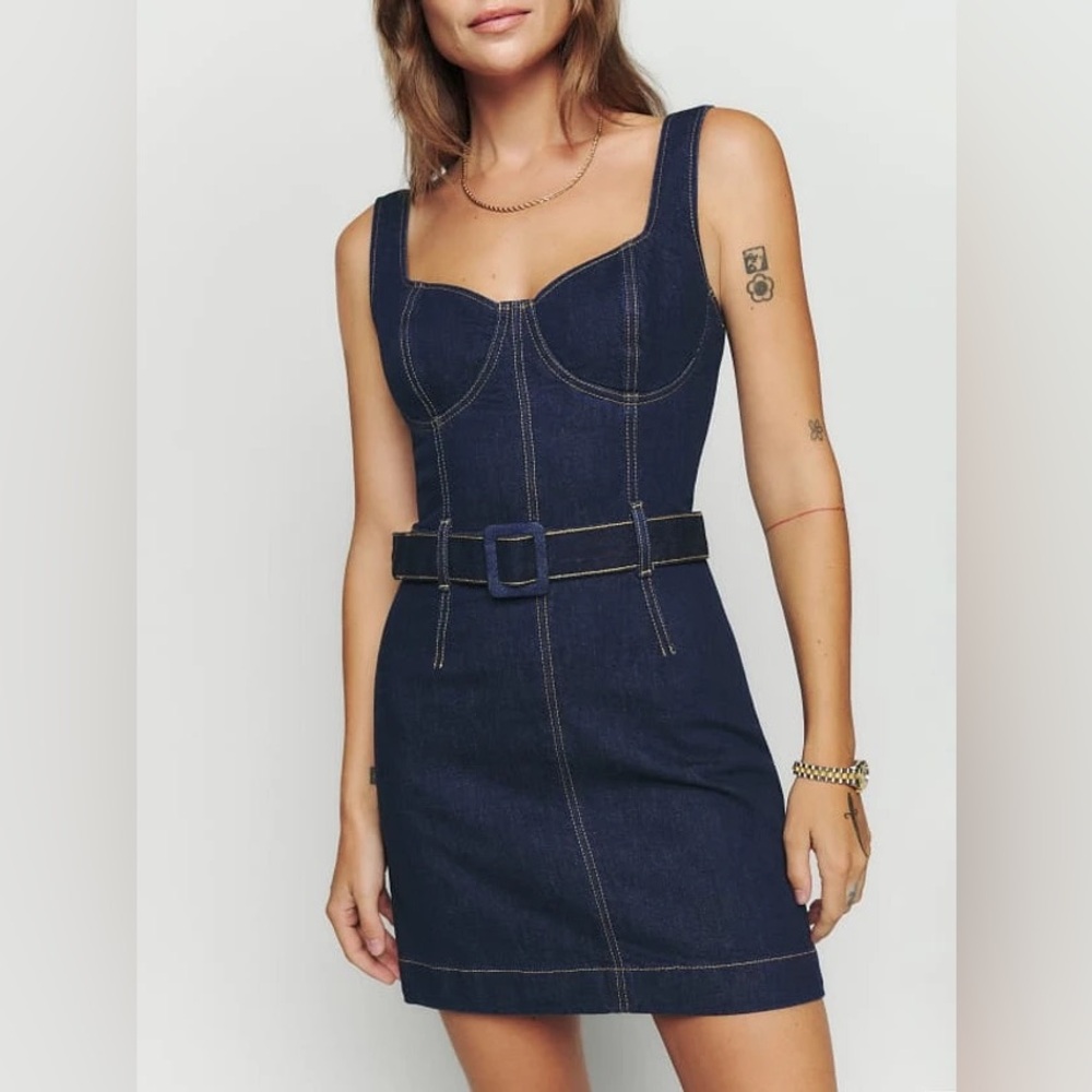 Reformation Joanne Belted Denim Bustier Corset Dress